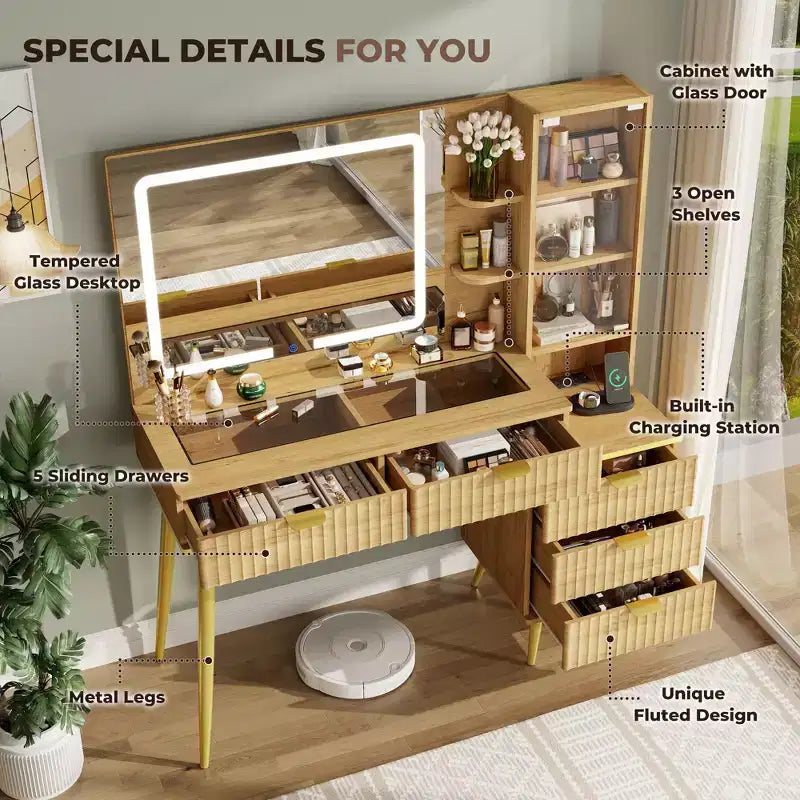 Coiffeuse avec plateau en verre, grande coiffeuse moderne avec miroir à 3 modes d'éclairage