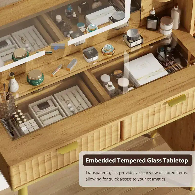 Coiffeuse avec plateau en verre, grande coiffeuse moderne avec miroir à 3 modes d'éclairage