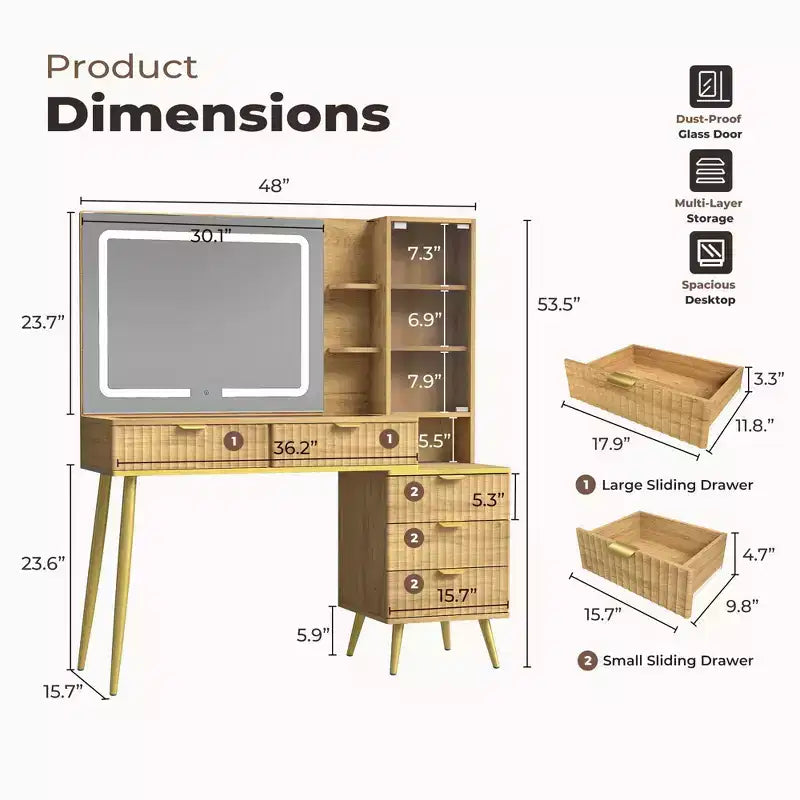 Coiffeuse avec plateau en verre, grande coiffeuse moderne avec miroir à 3 modes d'éclairage