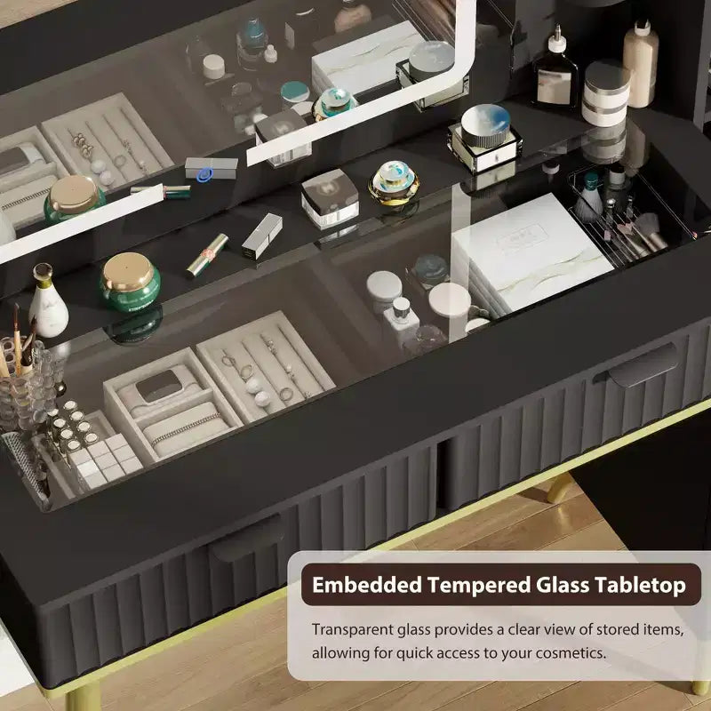 Coiffeuse avec plateau en verre, grande coiffeuse moderne avec miroir à 3 modes d'éclairage