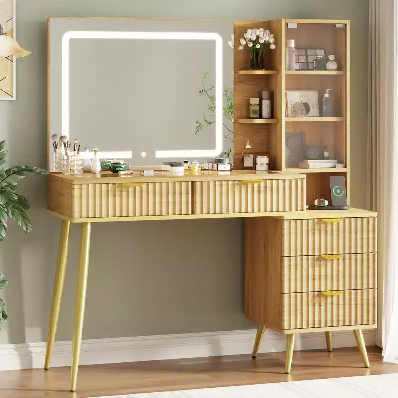 Coiffeuse avec plateau en verre, grande coiffeuse moderne avec miroir à 3 modes d'éclairage