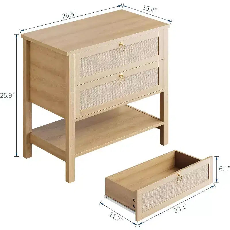 Table de chevet en rotin, table de chevet bohème avec 2 tiroirs et étagère ouverte