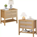 Acekool Rattan Nightstand Set of 2, Boho Night Stand with 2 Drawers and Open Shelf, Farmhouse Bedside Table