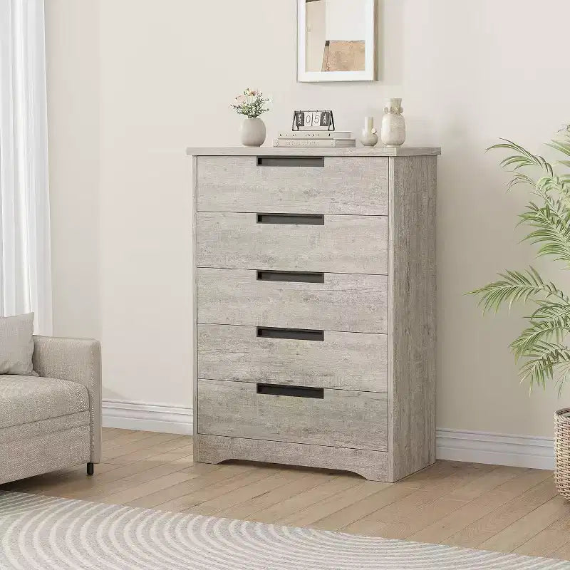 Commode à 5 tiroirs pour chambre, noire, avec poignées intégrées
