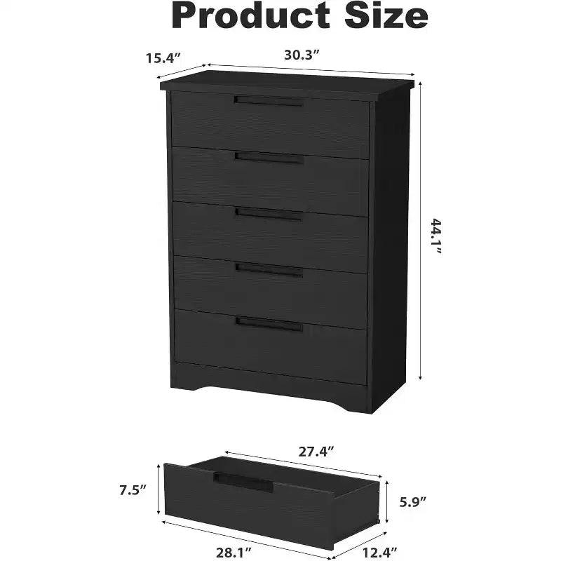 Commode à 5 tiroirs pour chambre, noire, avec poignées intégrées