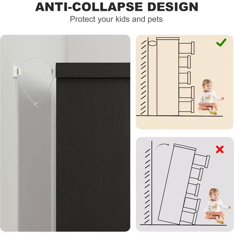 Commode à 5 tiroirs pour chambre, noire, avec poignées intégrées