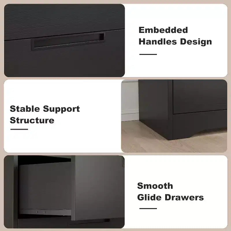 Commode à 5 tiroirs pour chambre, noire, avec poignées intégrées