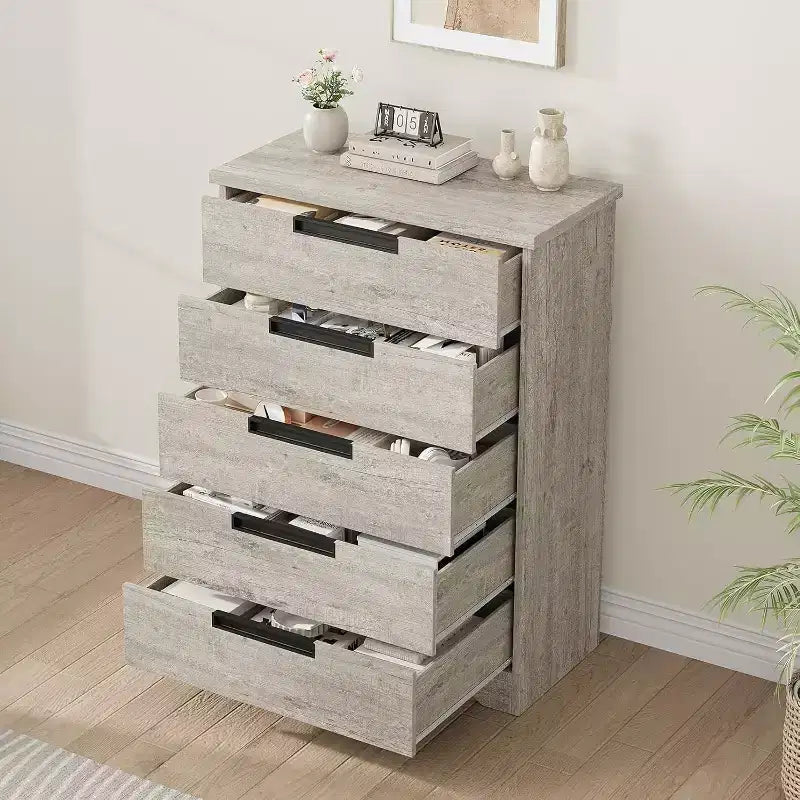 Commode à 5 tiroirs pour chambre, noire, avec poignées intégrées
