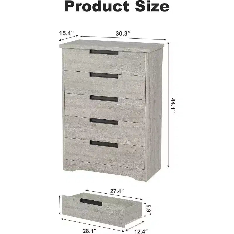 Commode à 5 tiroirs pour chambre, noire, avec poignées intégrées