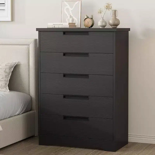 5 Drawer Dresser for Bedroom, Black 5 Chest of Drawers with Embedded Handles, Wooden Dresser Organizer for Living Room, Nursery, Hallway