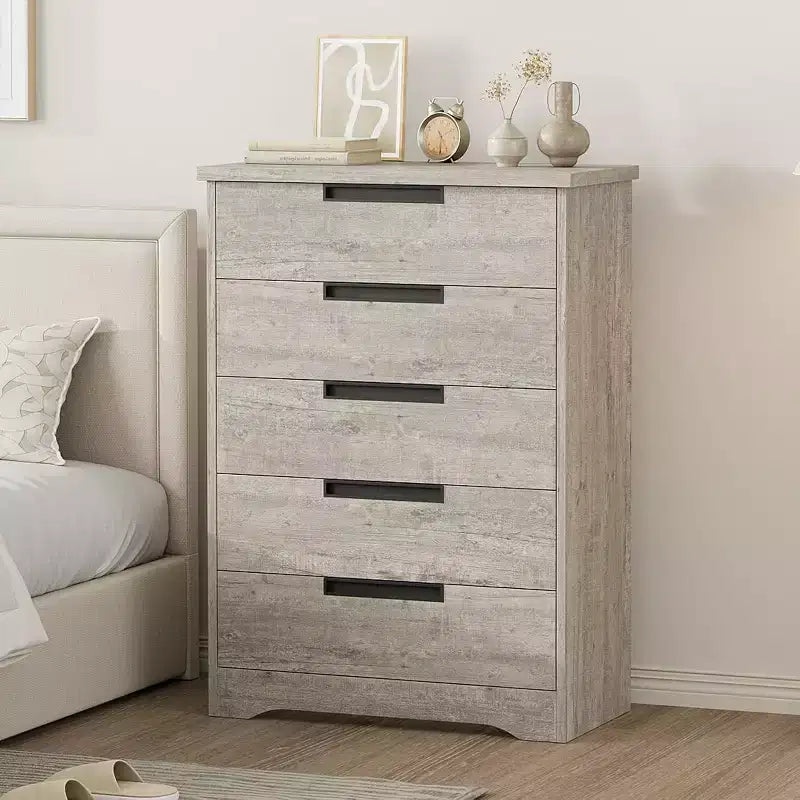 Commode à 5 tiroirs pour chambre, noire, avec poignées intégrées