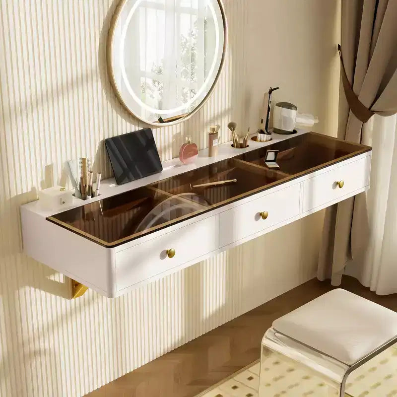 Table de toilette flottante murale moderne en bois, avec 3 tiroirs et finition verre