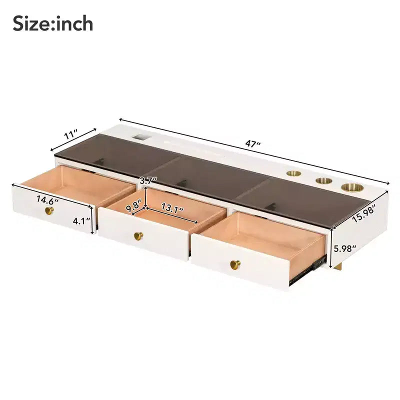 Table de toilette flottante murale moderne en bois, avec 3 tiroirs et finition verre