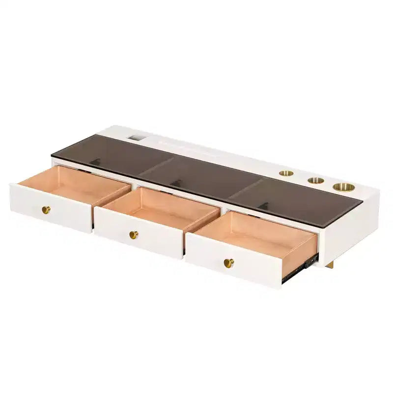 Table de toilette flottante murale moderne en bois, avec 3 tiroirs et finition verre