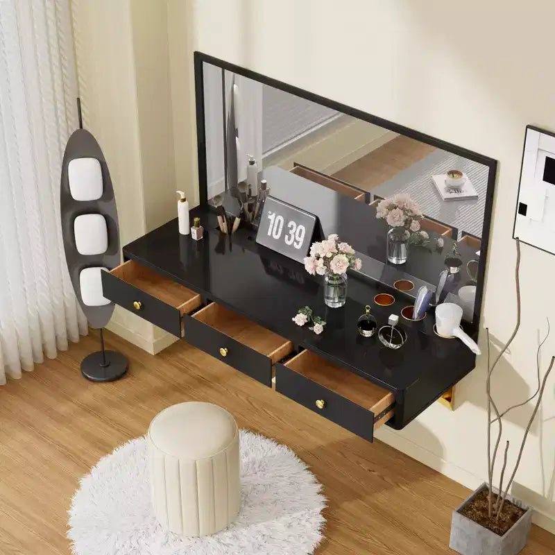 Table de toilette flottante murale moderne en bois, avec 3 tiroirs et finition verre