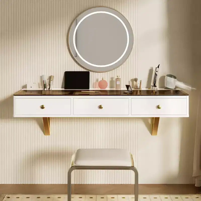 Table de toilette flottante murale moderne en bois, avec 3 tiroirs et finition verre