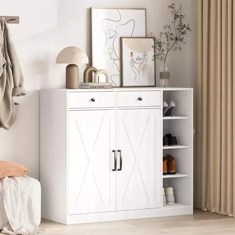 COZONY 39 Farmhouse Shoe Storage Cabinet with Barn Doors and Drawers, Entryway Shoe Organizer with Adjustable Shelves and Open Storage