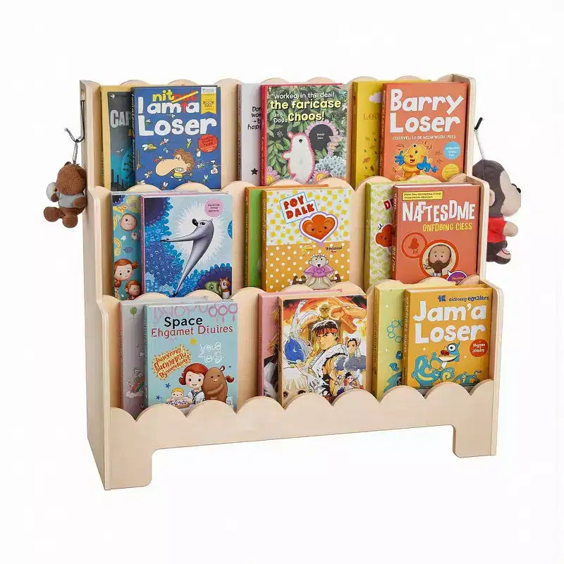 Montessori Bookshelf, 3-Tier Scalloped Kids Bookshelf, Front Facing Toddler Bookcase, Dual Hooks for Hanging Backpacks