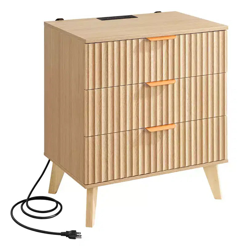 VEVOR Fluted Nightstand with Charging Station, with 3 Drawers, Dresser for Bedroom, Mid Century Modern End Table, Chest of Dresser, Brown