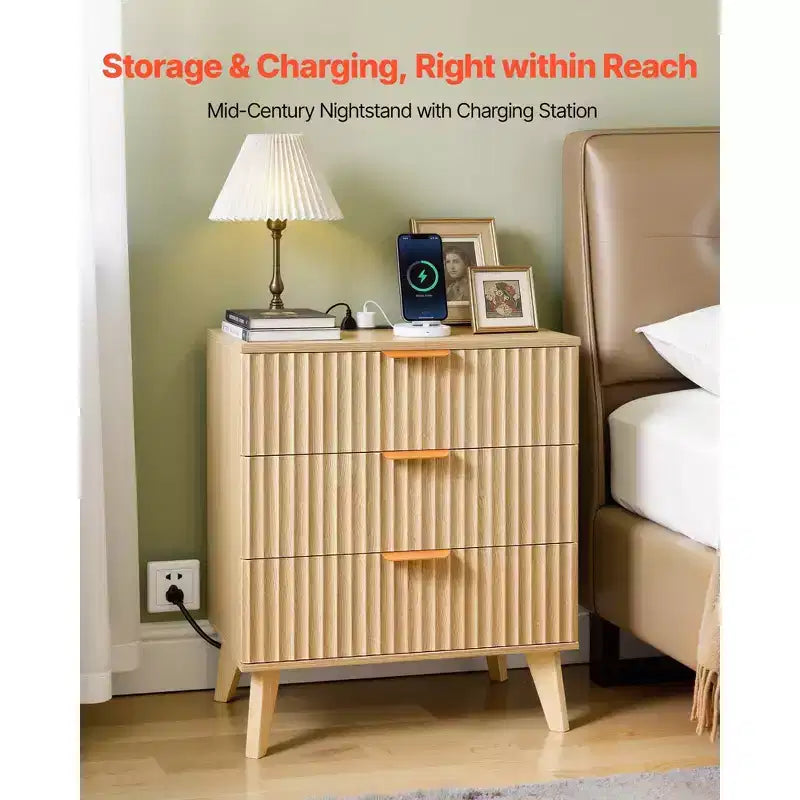Table de chevet cannelée avec station de recharge, avec 3 tiroirs, commode pour chambre à coucher