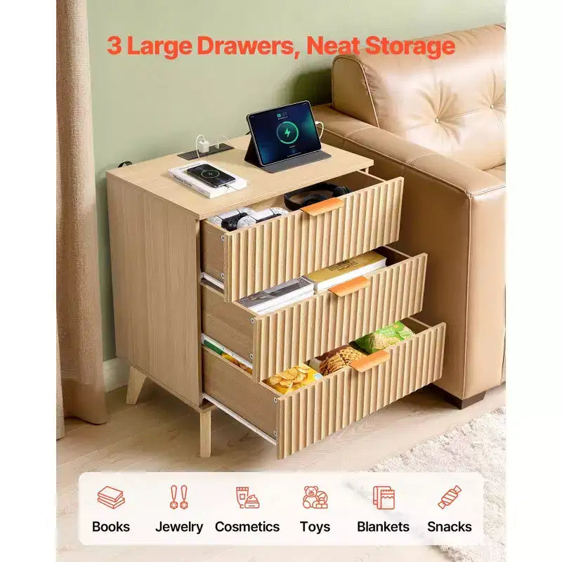 Table de chevet cannelée avec station de recharge, avec 3 tiroirs, commode pour chambre à coucher