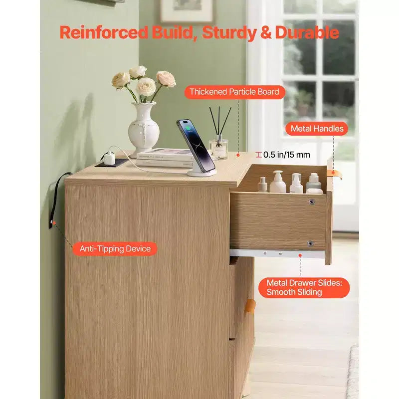 Table de chevet cannelée avec station de recharge, avec 3 tiroirs, commode pour chambre à coucher