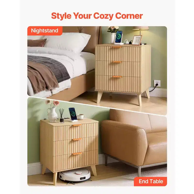 Table de chevet cannelée avec station de recharge, avec 3 tiroirs, commode pour chambre à coucher