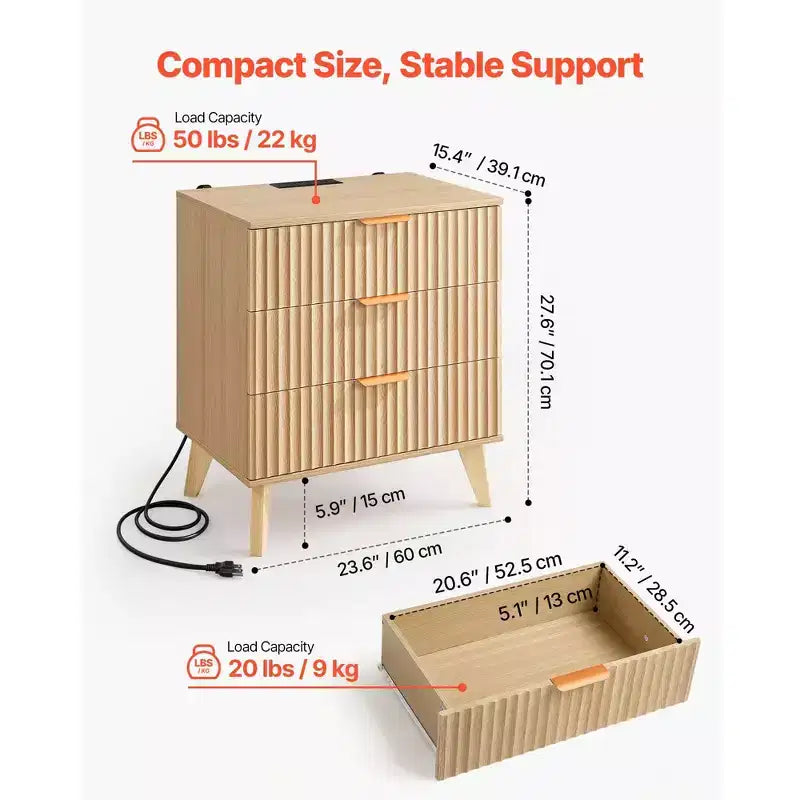 Table de chevet cannelée avec station de recharge, avec 3 tiroirs, commode pour chambre à coucher