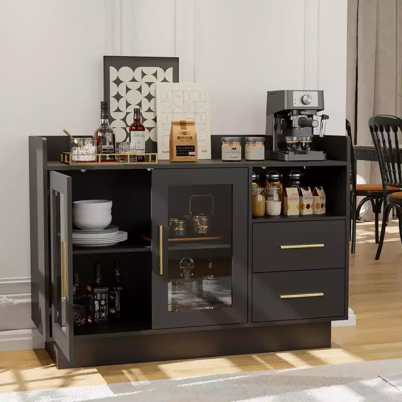 Large Modern Bar Cabinet, Double Glass Doors &amp; Drawers, Anti-Tipping Design, for Kitchen, Living Room, Dining Room