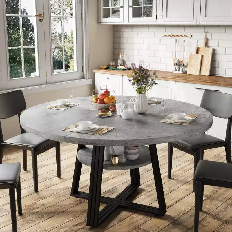 47'' Round Dining Table for 4, Kitchen Dining Room Circle Dinner Pedestal Table, Space Saving Wood Kitchen &amp; Dining Room Furniture