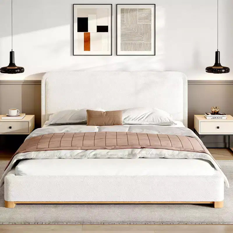 ModernLuxe Queen/King Size Platform Bed Frame, Modern Mid-Century Upholstered Bed with Curved Headboard &amp; Rubberwood Base, White
