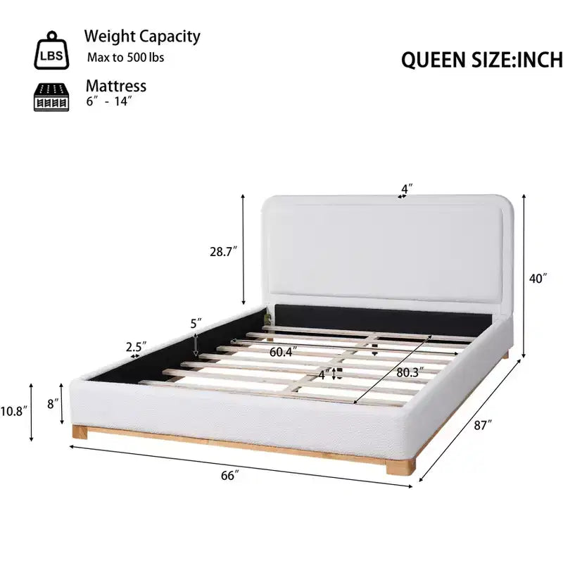 Cadre de lit plateforme Queen/King, lit rembourré moderne de style Mid-Century
