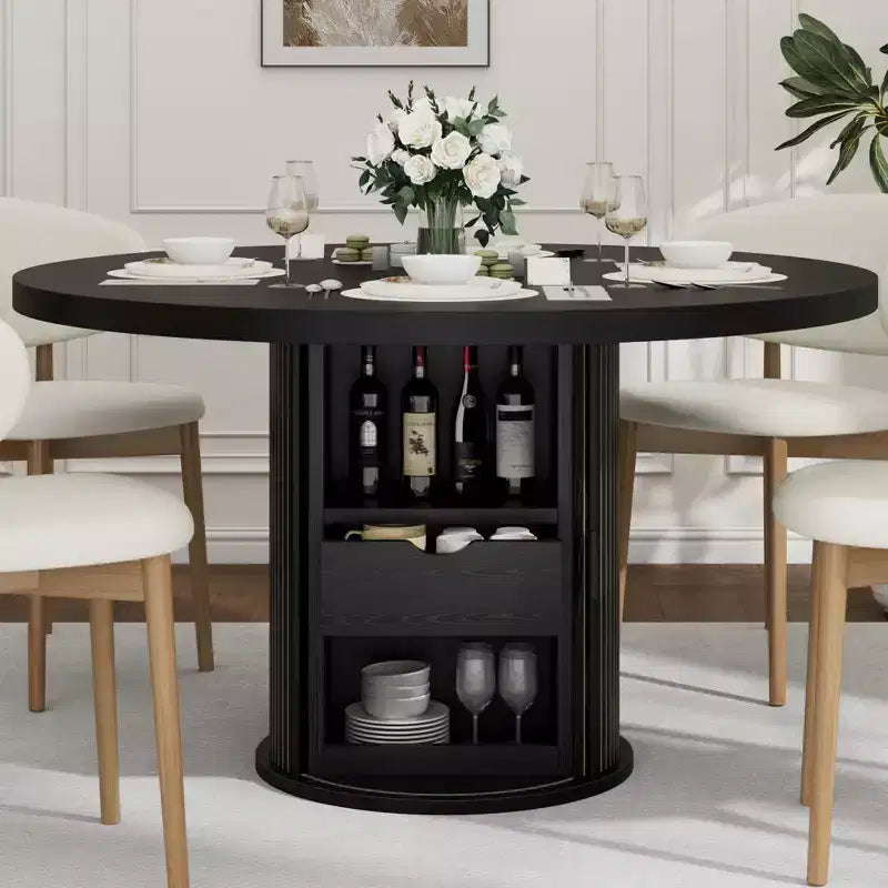 Table à manger ronde de ferme 47 pour 4-6 personnes, étagère de rangement à 2 niveaux, tiroir, gain de place