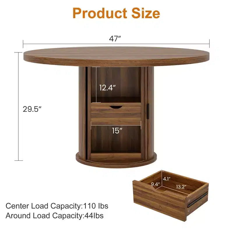 Table à manger ronde de ferme 47 pour 4-6 personnes, étagère de rangement à 2 niveaux, tiroir, gain de place