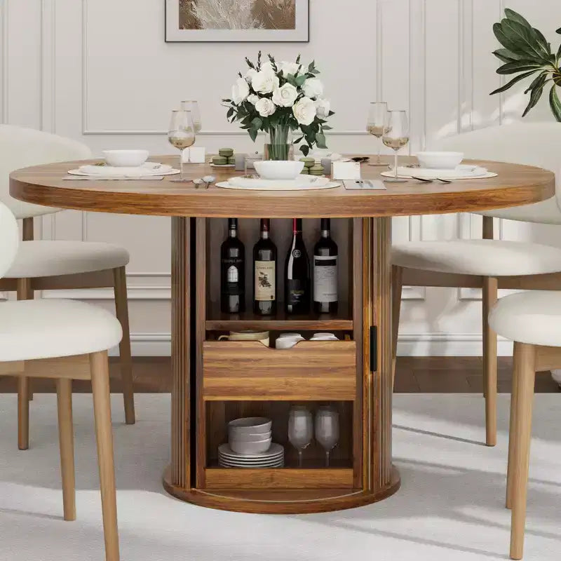 Table à manger ronde de ferme 47 pour 4-6 personnes, étagère de rangement à 2 niveaux, tiroir, gain de place