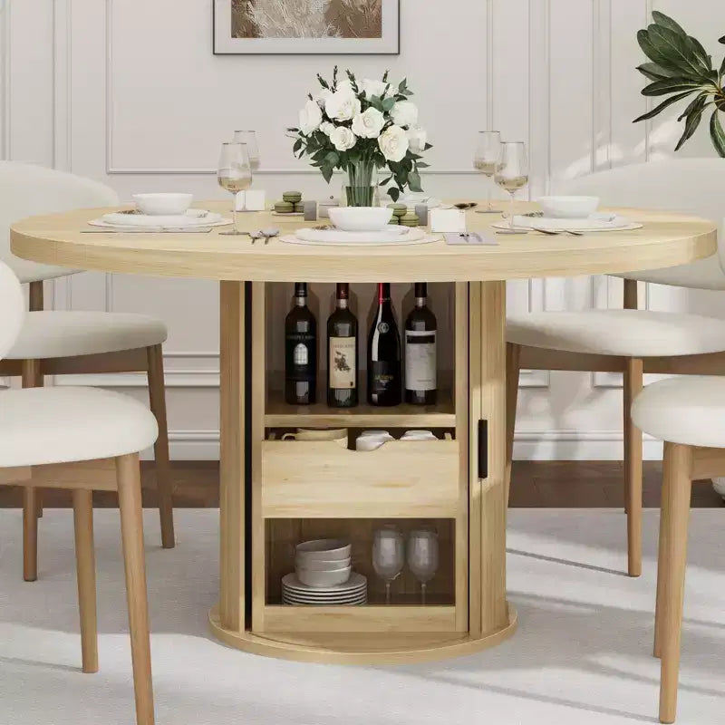 Table à manger ronde de ferme 47 pour 4-6 personnes, étagère de rangement à 2 niveaux, tiroir, gain de place
