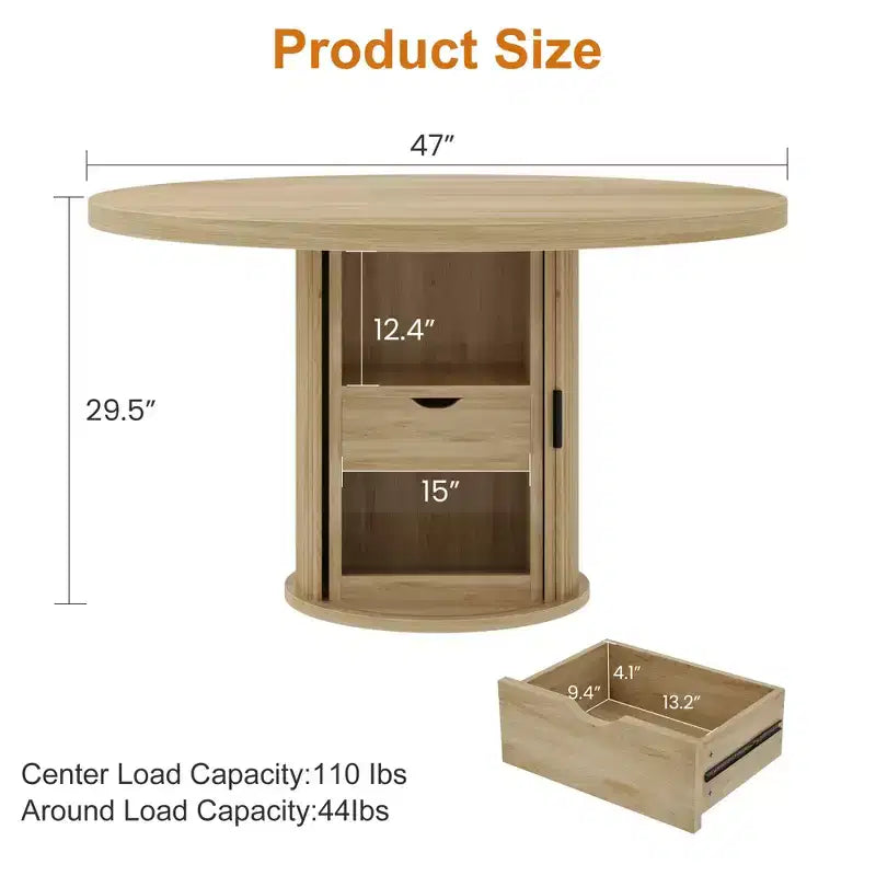 Table à manger ronde de ferme 47 pour 4-6 personnes, étagère de rangement à 2 niveaux, tiroir, gain de place