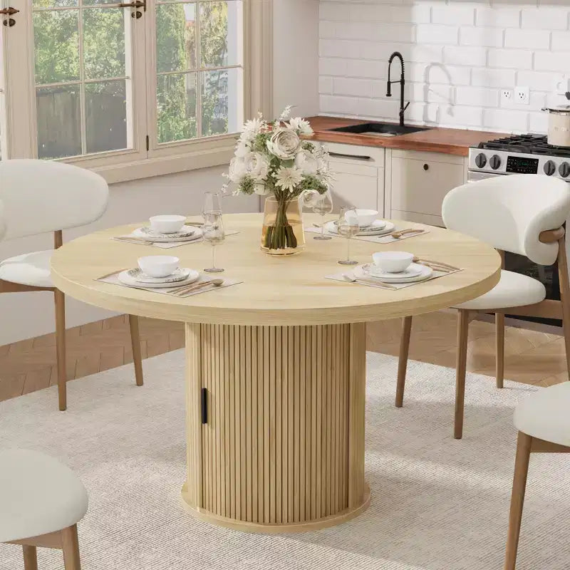 Farmhouse 47 Round Dining Table for 4-6  2-Layer Storage Shelf &amp; Drawer  Space-Saving Circle Table  Ideal for Dining Room, Kitchen, Living Room