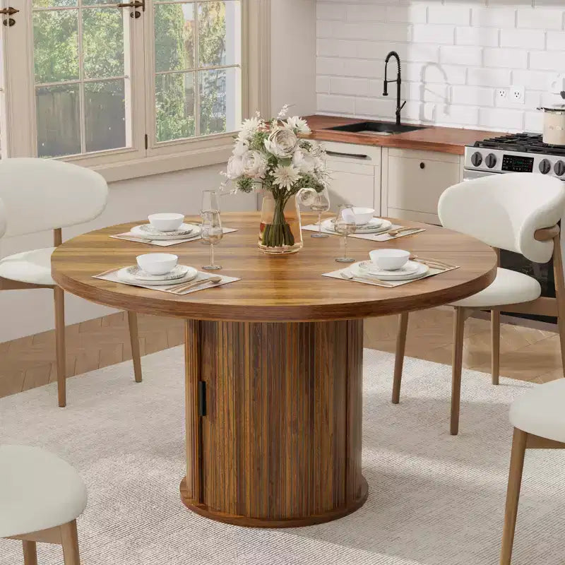 Table à manger ronde de ferme 47 pour 4-6 personnes, étagère de rangement à 2 niveaux, tiroir, gain de place