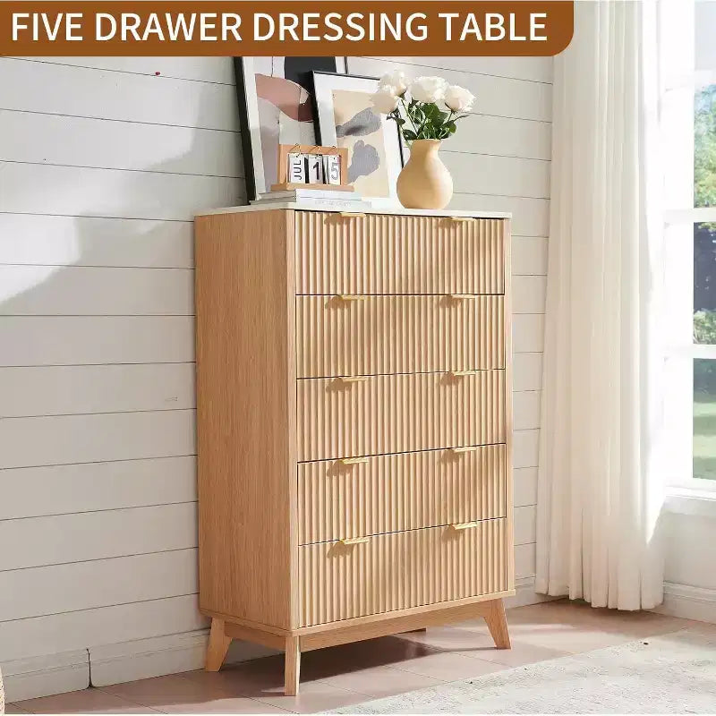 Commode de chambre à 5 tiroirs cannelés, commode moderne avec poignée en métal