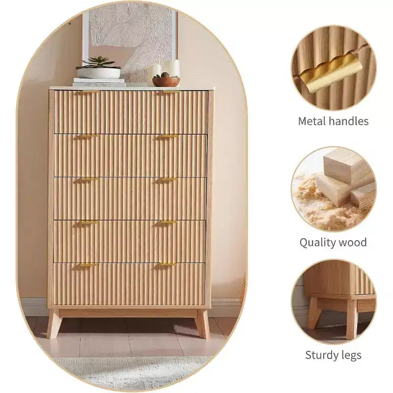 Commode de chambre à 5 tiroirs cannelés, commode moderne avec poignée en métal