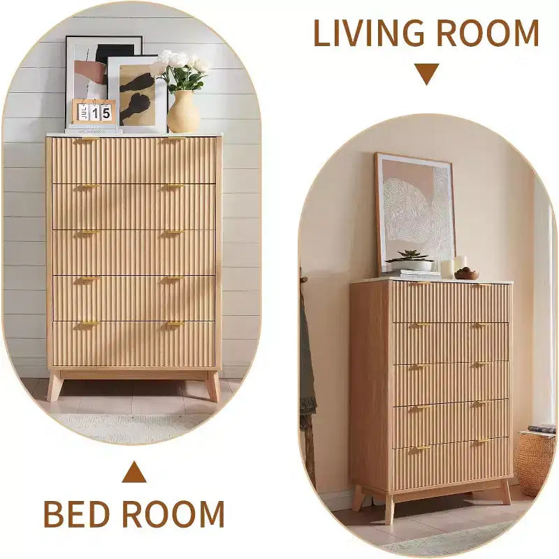 Commode de chambre à 5 tiroirs cannelés, commode moderne avec poignée en métal