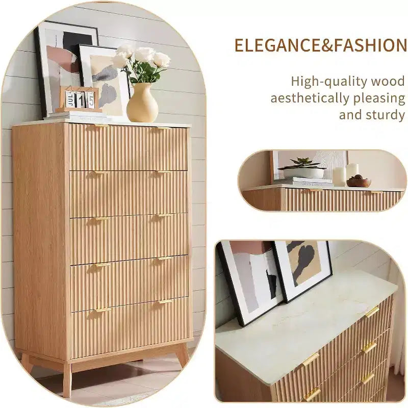Commode de chambre à 5 tiroirs cannelés, commode moderne avec poignée en métal
