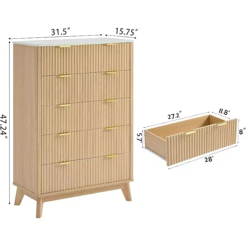Commode de chambre à 5 tiroirs cannelés, commode moderne avec poignée en métal