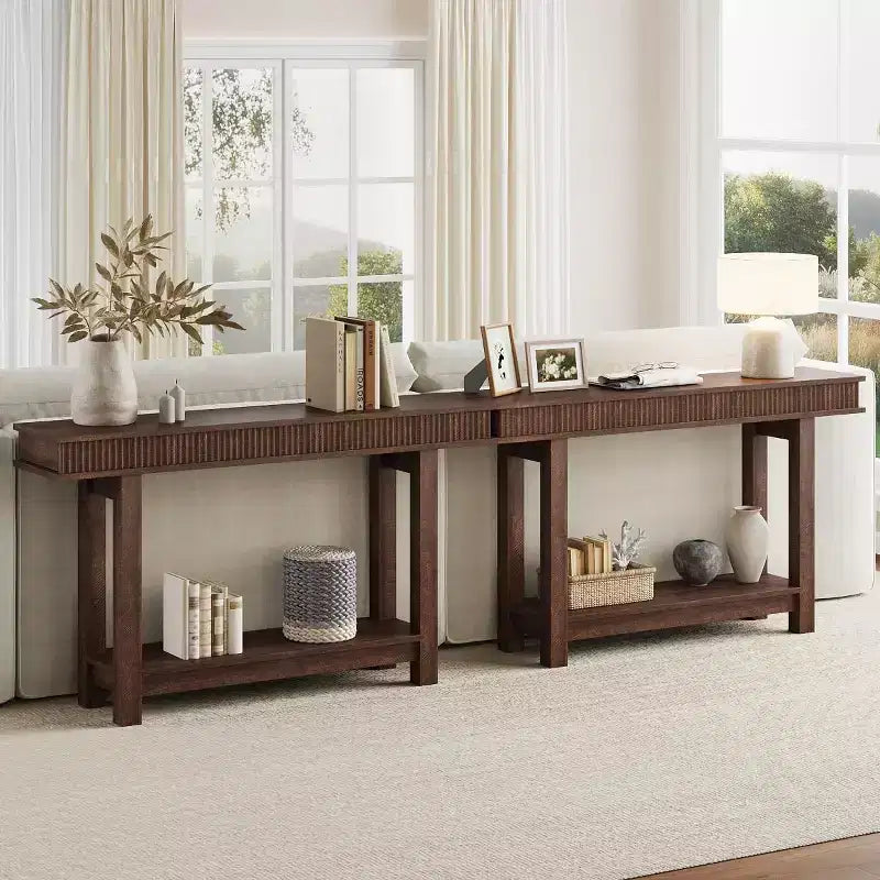 Console d'entrée cannelée style ferme avec étagère de rangement