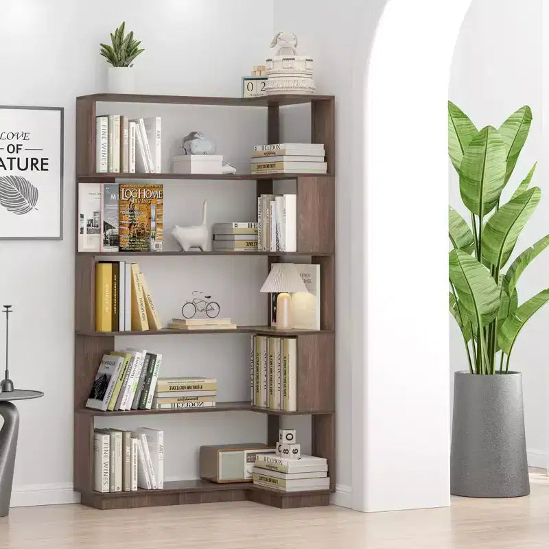 GDFStudio Tabbie 64H Freestanding Corner 5-Tier L-Shaped Bookshelf