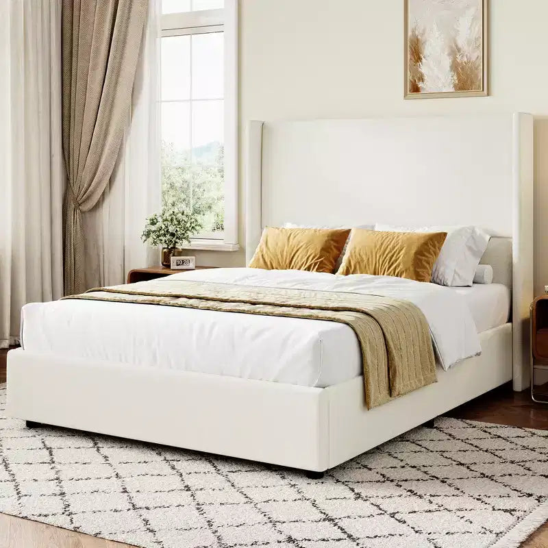 Dyonery Queen Bed Frame, Upholstered Platform Bed with 55.5 Tall Wingback Headboard, Solid Wooden Slats, Noise-Free Mattress Foundation