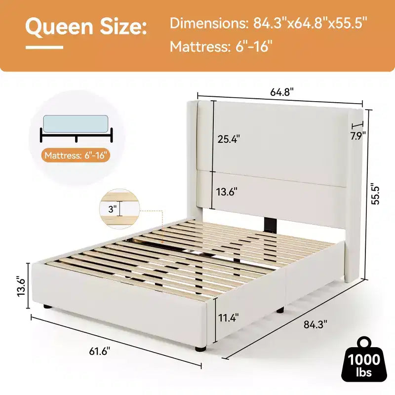 Cadre de lit Queen, lit plateforme rembourré avec tête de lit capitonnée à oreilles de 141 cm de haut