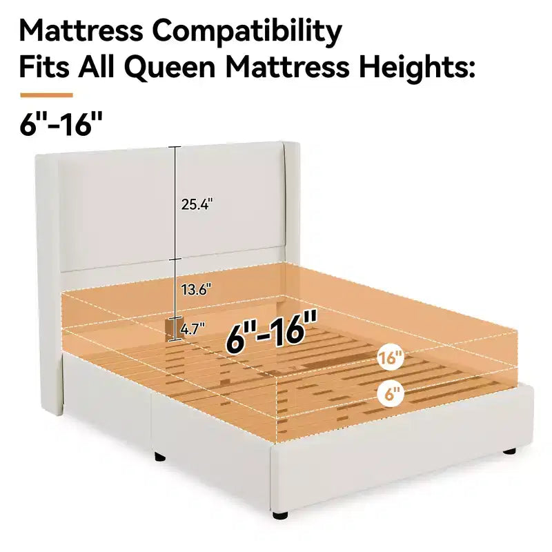 Cadre de lit Queen, lit plateforme rembourré avec tête de lit capitonnée à oreilles de 141 cm de haut
