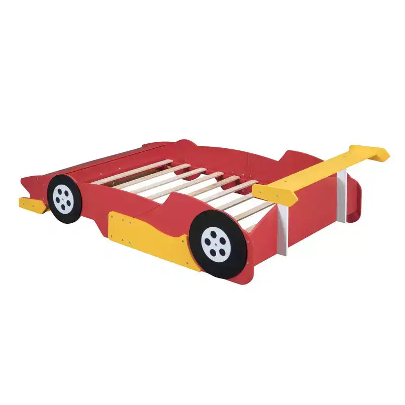 Lit plateforme en forme de voiture de course grandeur nature avec roues pour chambre d'enfant